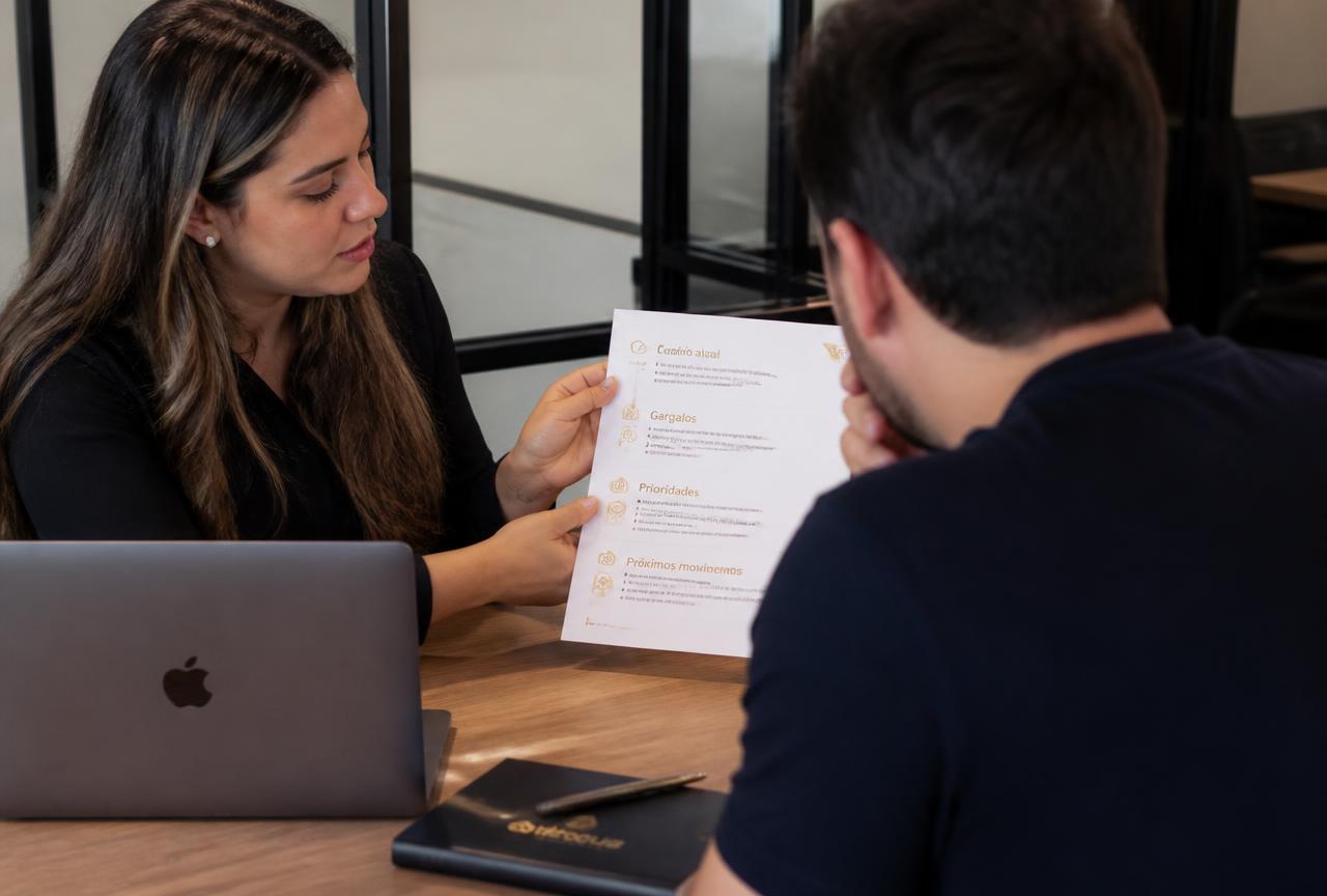 Especialista entregando o documento de diagnóstico ao empresário